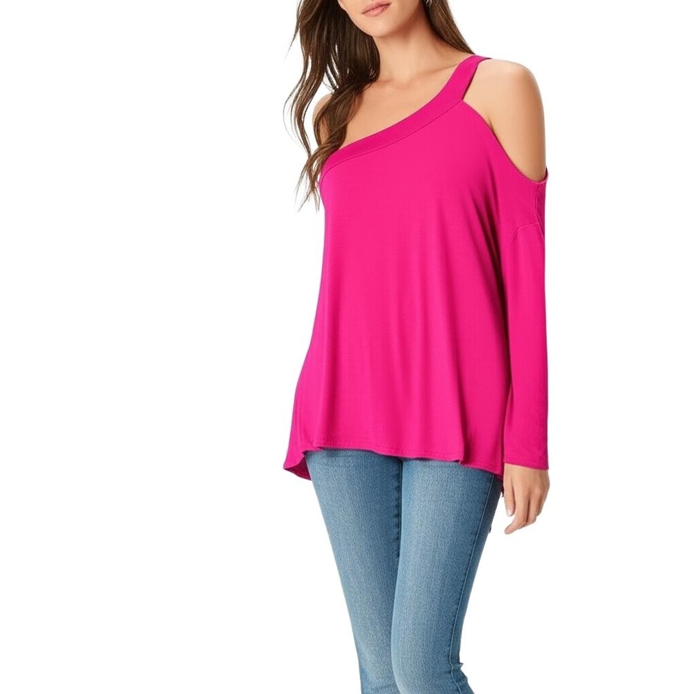 L&B One Shoulder Cold Shoulder Long Sleeve Top M Fuchsia Asymmetrical Trendy New